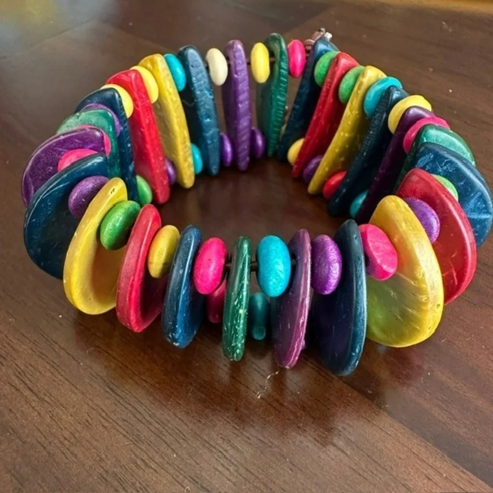 Multicolor Wood‎ Disc Stretch Bracelet Rainbow Boho Beaded Chunky Jewelry